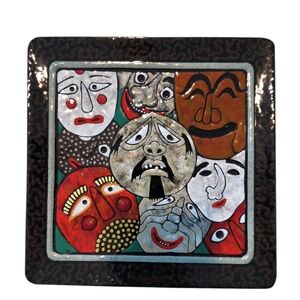 Hand Crafted Metal Signed Abstract Art Tray Trinket Plate Korean Hahoetal Masks